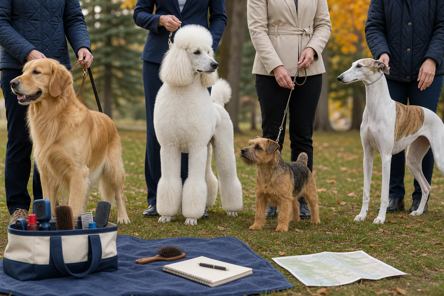 Four dogs with handlers in a Canadian park beside grooming tools, a notebook and a map