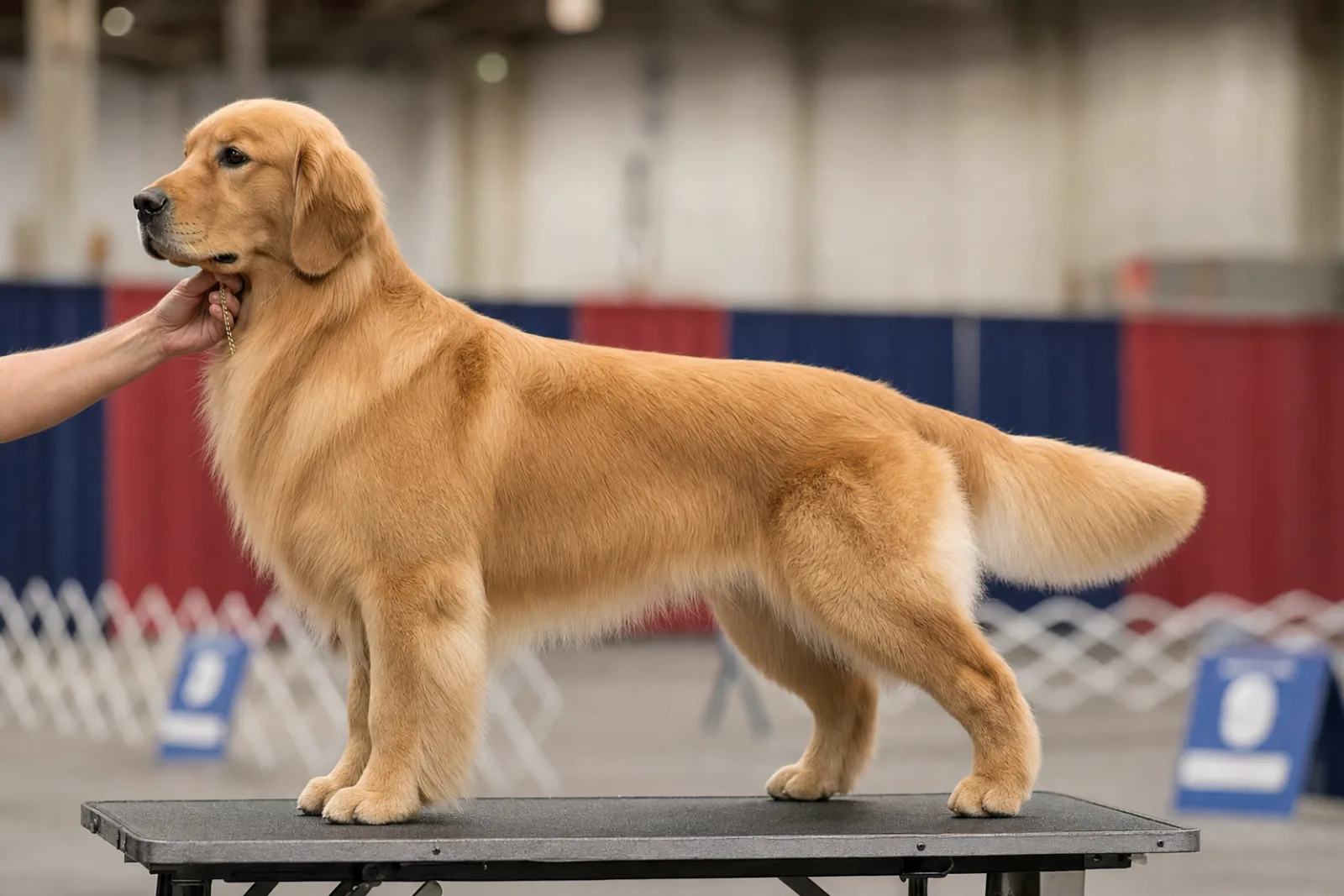 Chien de race maintenu en pose de présentation (stack) par son handler sur une table de jugement, lors d'une exposition canine au Canada