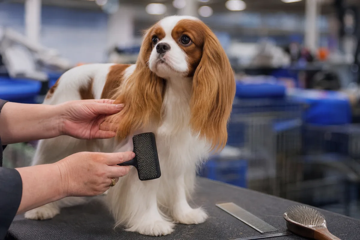 Mains d'un éleveur brossant la robe d'un chien d'exposition sur une table de toilettage, préparation avant le passage en piste