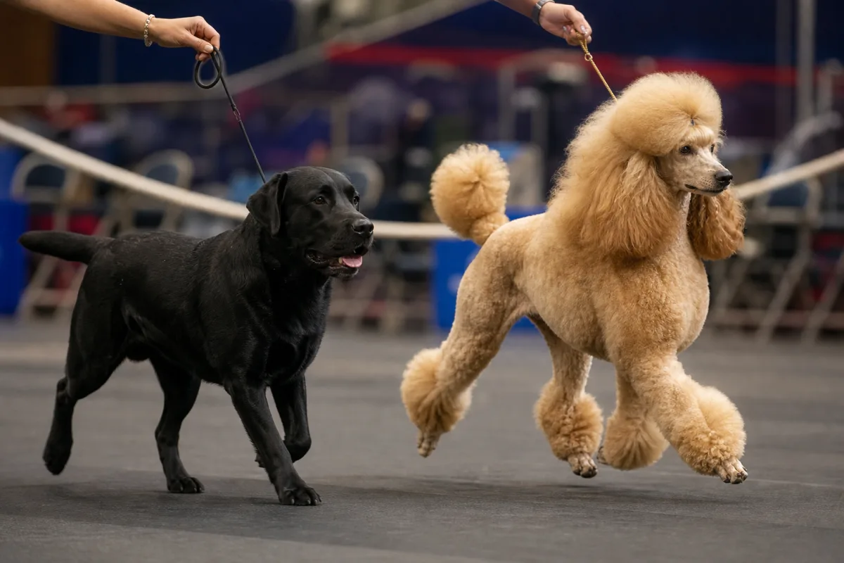 Deux chiens de races différentes présentés en mouvement (gaiting) côte à côte sur le sol d'un ring d'exposition canine